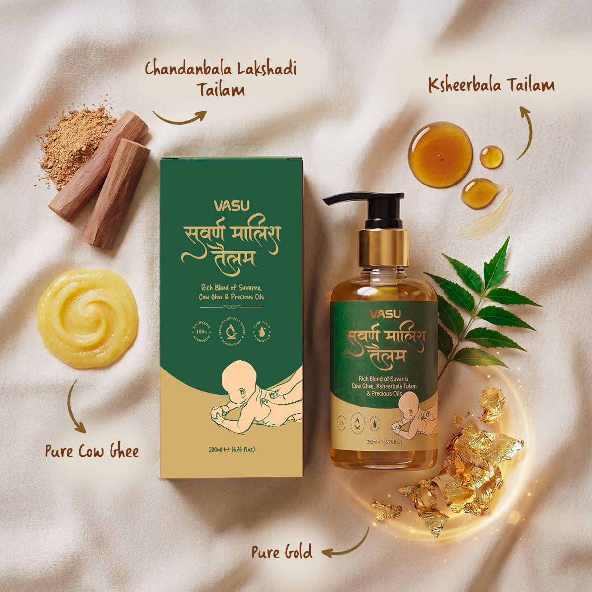 Vasu Swarna Malish Tailam Baby Massage Oil (200ml) & Swarnaprashan Drops (30ml) & Super Gummies (60 Gummies)