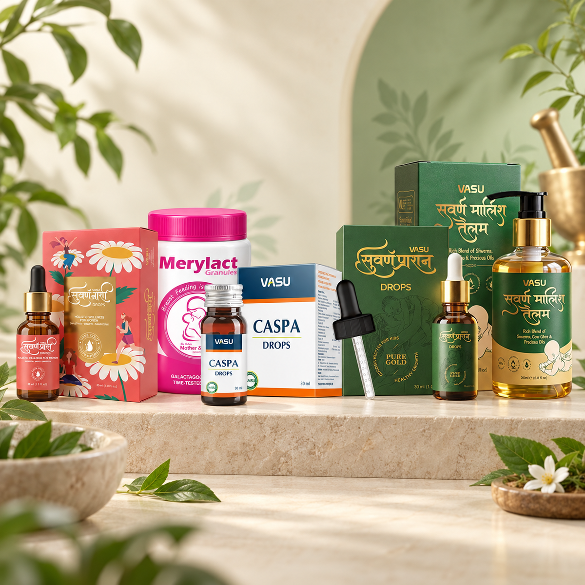 Vasu Swarnaprashan Drop (30ml) + Swarna Naari Drops (50ml) + Swarna Malish Baby Massage Oil (200ml) + Caspa Drops (30ml) + Merylact Granules (250g)