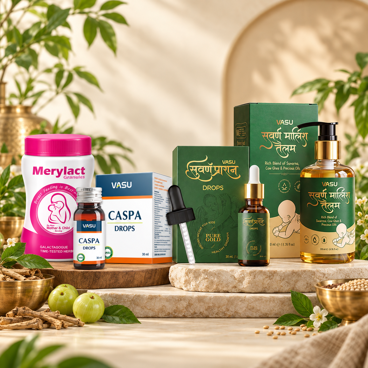 Vasu Swarnaprashan Drop (30ml) + Swarna Malish Baby Massage Oil (200ml) + Caspa Drops (30ml) + Merylact Granules (250g)