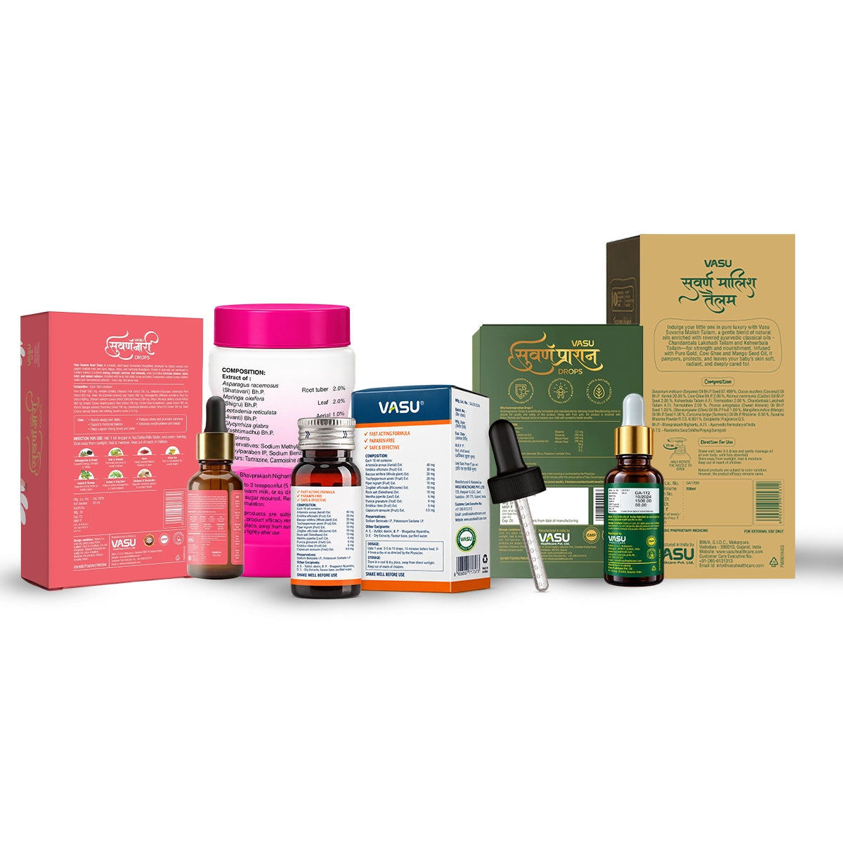 Vasu Swarnaprashan Drop (30ml) + Swarna Naari Drops (50ml) + Caspa Drops (30ml) + Merylact Granules (250g)