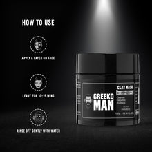 Load image into Gallery viewer, Greeko Man Beard Oil, Shower Gel &amp; Clay Mask kit - Enriched with Almond Oil, Olive Oil &amp; Charcoal - Promotes Healthy Beard Growth along with Glowing &amp; Flawless Skin
