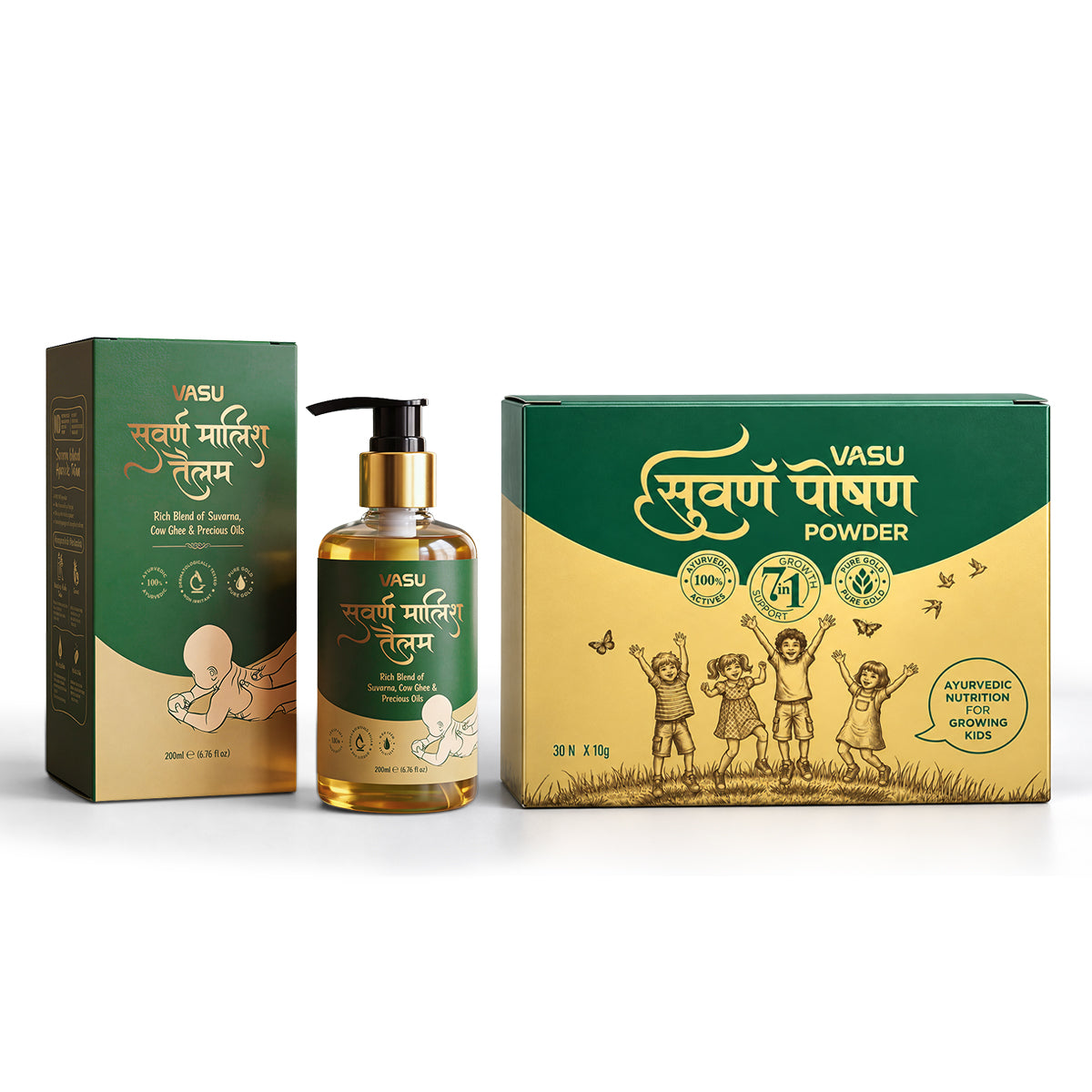 Vasu Baby Combo for Kids – Vasu Suvarna Poshan Powder (30 ×1 0g) Pack & Swarna Malish Tailam Baby Massage Oil - (200ml)