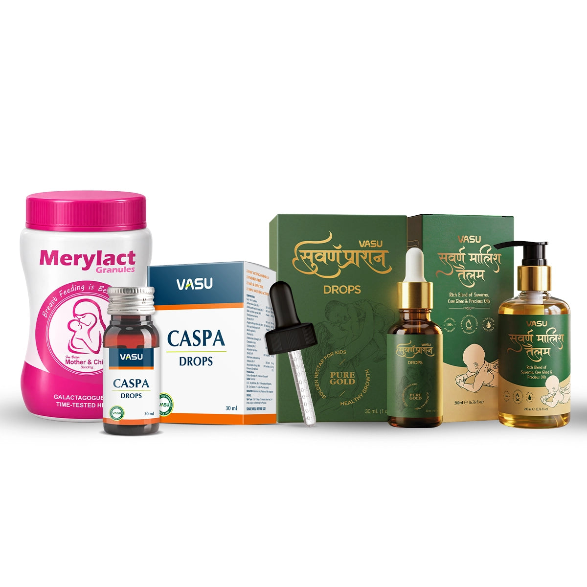 Vasu Swarnaprashan Drop (30ml) + Caspa Drops (30ml) + Merylact Granules (250g)