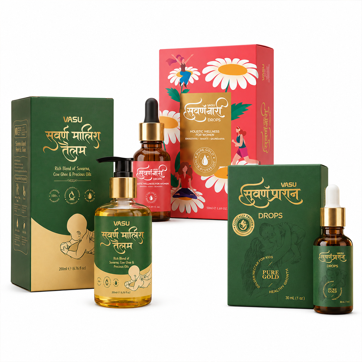 Vasu Swarna Naari Drops 50ml + Swarnaprashan Drops for Kids 30ml + Swarna Malish Ayurvedic Tailam 200ml Combo Pack