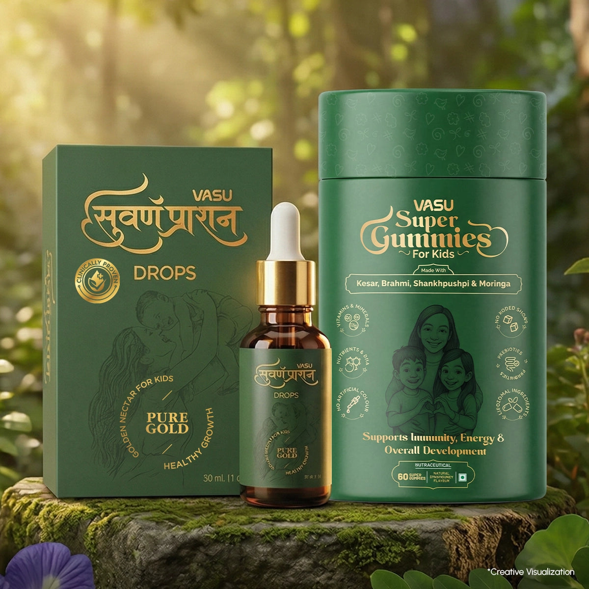 Vasu Immunity Booster Combo for Kids – Swarnaprashan Drops (30ml) & Super Gummies (60 Gummies)