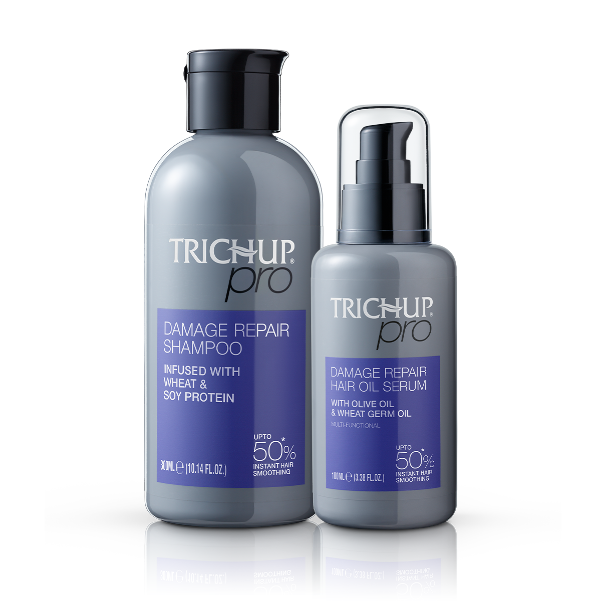 Trichup Pro Damage Repair & Instant Smoothing Hair Care Combo for Dry Frizzy Hair (Set of 2) - Shampoo 300 ml + Hair Oil Serum 100 ml | Improves Texture, Manageability | Control Breakage | Nourishment