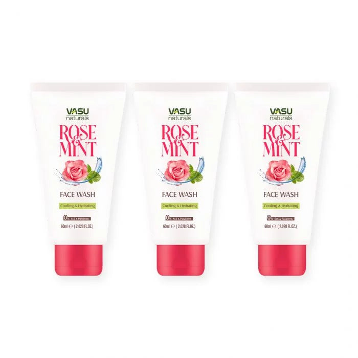 Vasu Naturals Rose & Mint Face Wash - Enriched with Menthol & Pro-Vitamin B5 - Refreshes & Hydrates - Helps to Leave Skin Soft, Glowing & Moisturized - Pack of 3 - VasuStore