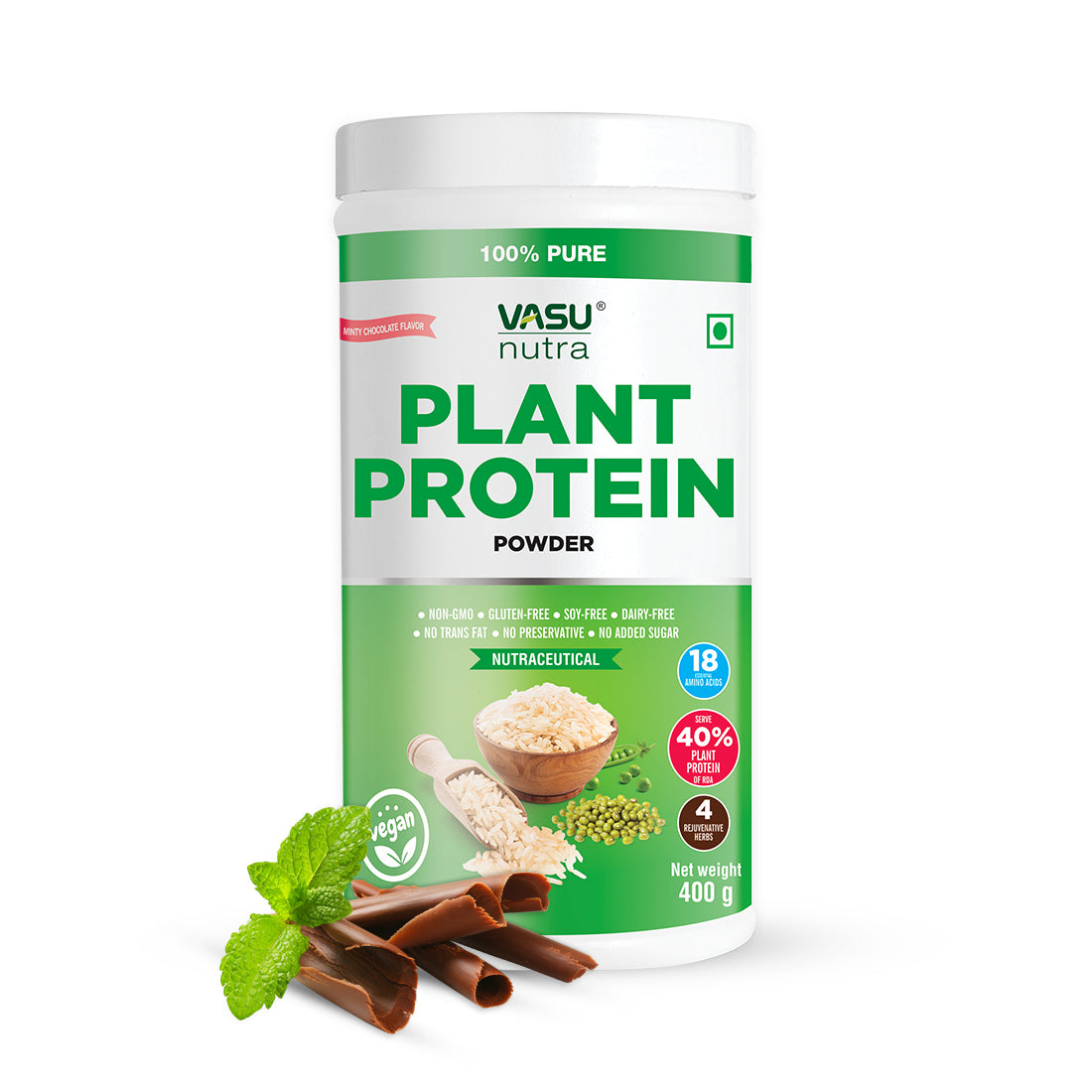 Vasu Nutra 100% Pure Plant Protein Powder For Men & Women 400g - Brown Rice & Pea Protein - Daily Protein Supplement - 18 Essential Amino Acids & 4 Rejuvenating Herbs - Minty Chocolate Flavor