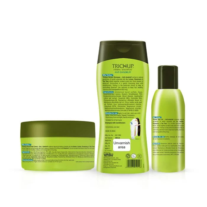 Trichup Anti-Dandruff Shampoo, Oil & Cream Kit - Enriched with Neem, Rosemary & Tea Tree - Together Protect Scalp Skin From Dandruff & Restore Normal Health of Your Scalp - VasuStore