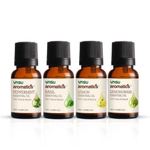Load image into Gallery viewer, Vasu Aromatics Combo of Basil, Peppermint, Lemon, Lemongrass Essential Oil - 100% Pure & Natural - Air Freshener - For a Refreshing & Relaxing Bathing Experience - VasuStore