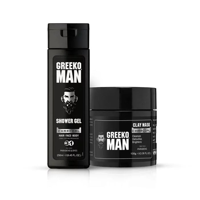 Greeko Man Charcoal Shower Gel & Clay Mask - Infused with Activated Charcoal & Menthol - Cleanses & Hydrates Skin - Helps You to Achieve Glowing & Flawless Skin - VasuStore