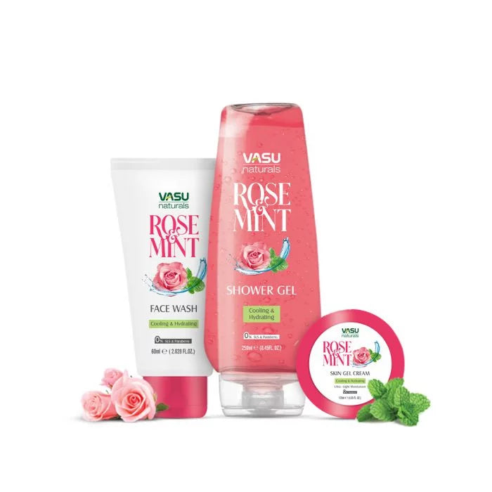 Vasu Naturals Rose & Mint Shower Gel, Face Wash & Gel Cream - Enriched with Menthol & Rose - Instantly Soothes, Refreshes & Hydrates - For Soft & Moisturized Skin - VasuStore