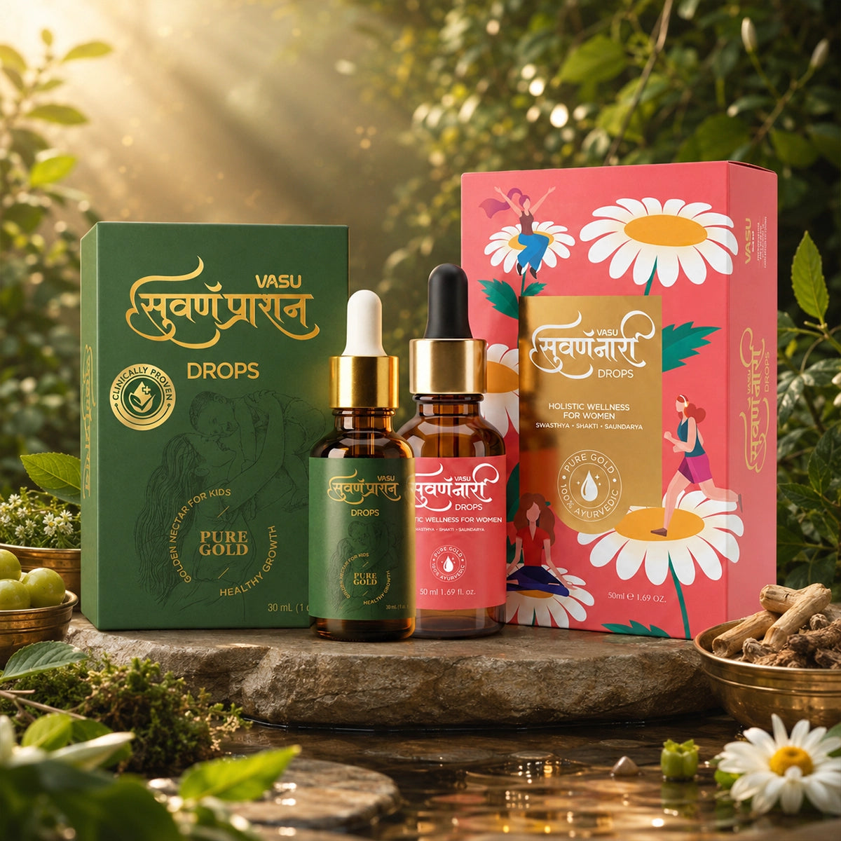 Vasu Swarna Naari Drops 50ml + Swarnaprashan Drops for Kids 30ml Combo Pack