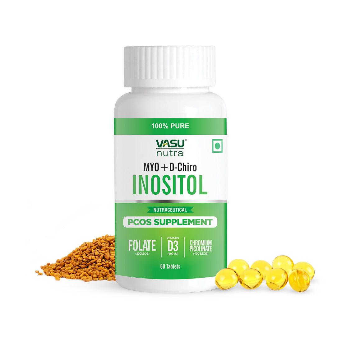 Vasu Nutra PCOS Supplement - 40:1 Ratio Myo-Inositol to D-Chiro Inositol - Fortified with Vitamin D3 & Folic Acid - Regulates Menstrual Cycle - Helps Restore Hormonal & Metabolic Balance - 60 Tablets