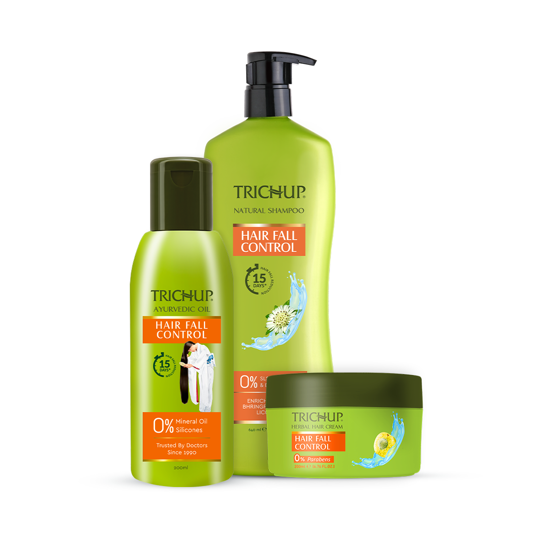 Trichup Hair Fall Control Oil 200ml, Shampoo 640ml & Cream 200ml