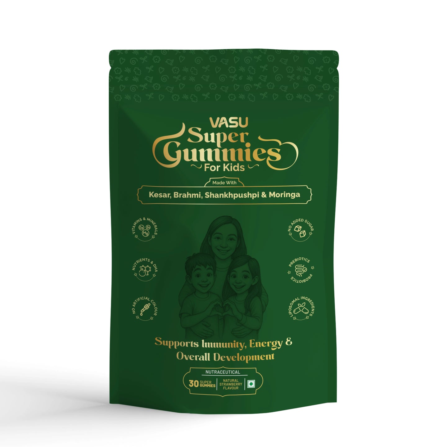 Vasu Super Gummies For Kids – Supports Immunity, Energy & Overall Development – Natural Strawberry (30 Gummies) – Made with Kesar, Moringa, Brahmi & Shankhpushpi