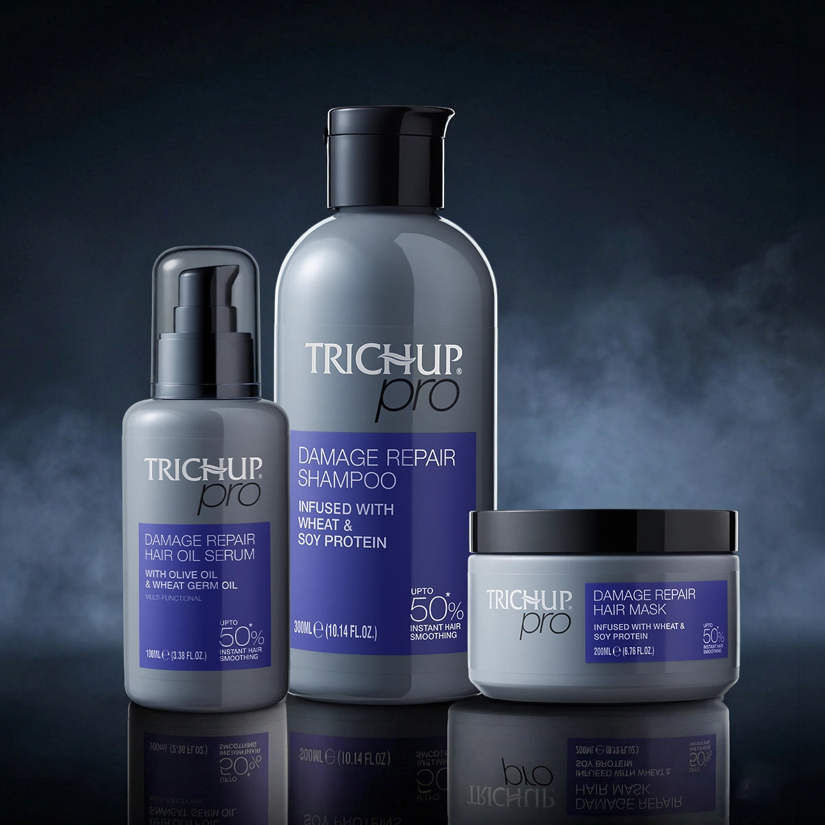 Trichup Pro Damage Repair & Instant Smoothing Hair Care Combo (Shampoo 300ml + Oil Serum 100ml + Mask 200ml)