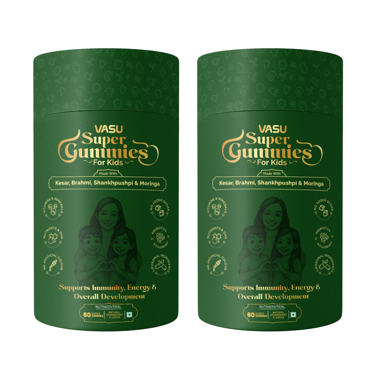 Vasu Super Gummies For Kids – Supports Immunity, Energy & Overall Development – Natural Strawberry (60x2 Gummies) – Made with Kesar, Moringa, Brahmi & Shankhpushpi  - (Pack of 2)