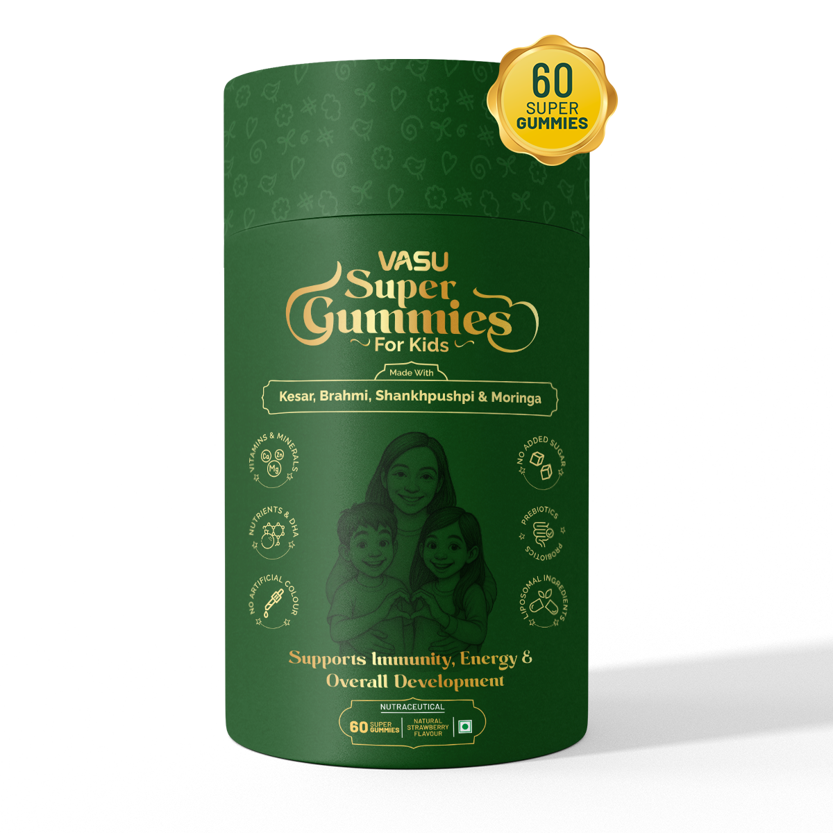 Vasu Super Gummies For Kids – Supports Immunity, Energy & Overall Development – Natural Strawberry (60 Gummies) – Made with Kesar, Moringa, Brahmi & Shankhpushpi