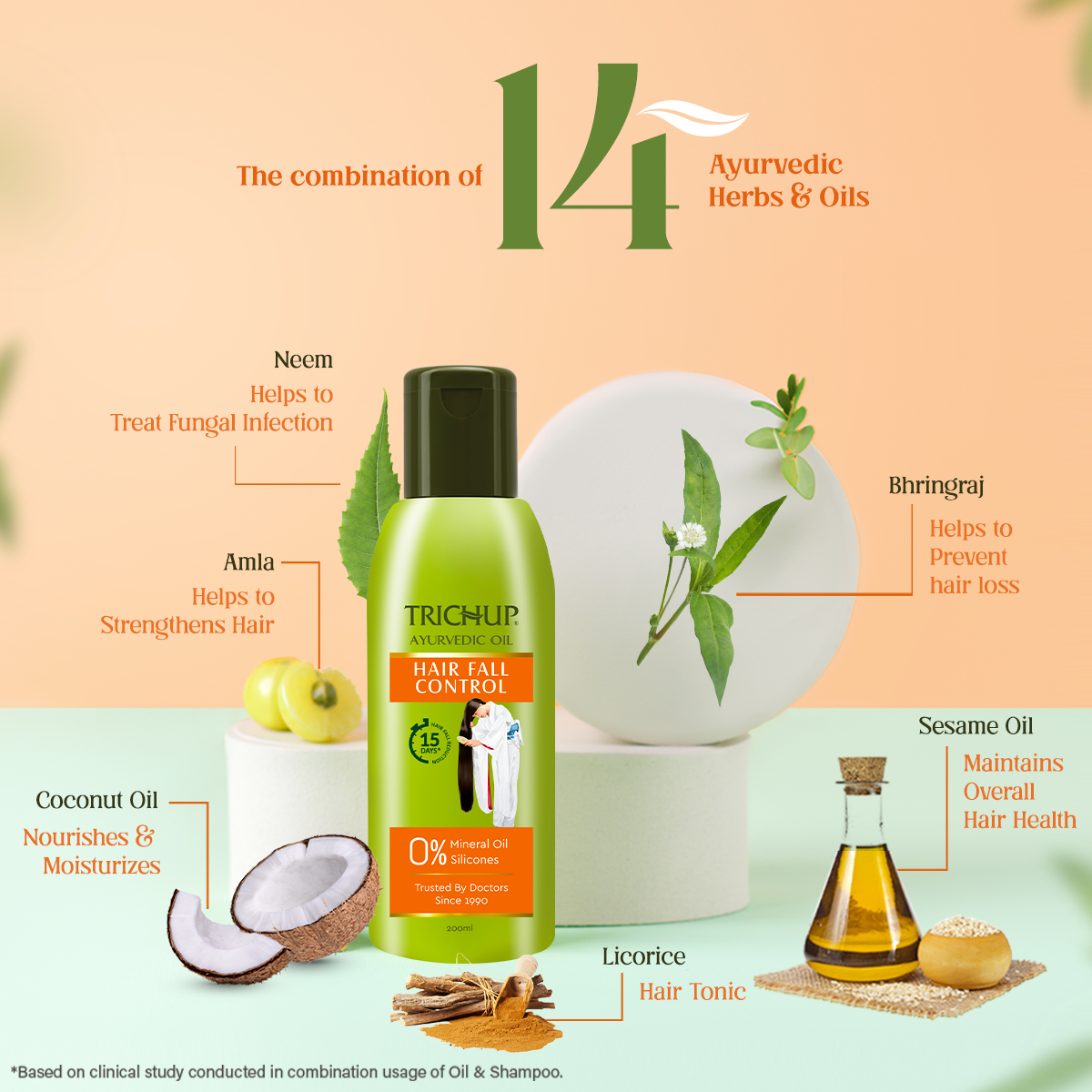 Trichup Hair Fall Control Oil 200ml, Shampoo 640ml & Cream 200ml