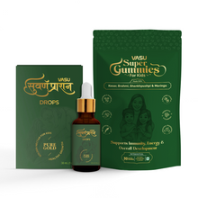 Load image into Gallery viewer, VASU Immunity Booster Pack for Kids – Swarnaprashan Drops with Pure Gold (30ml) &amp; Super Gummies for Kids (30 Gummies) | Supports Immunity, Growth &amp; Digestive Health
