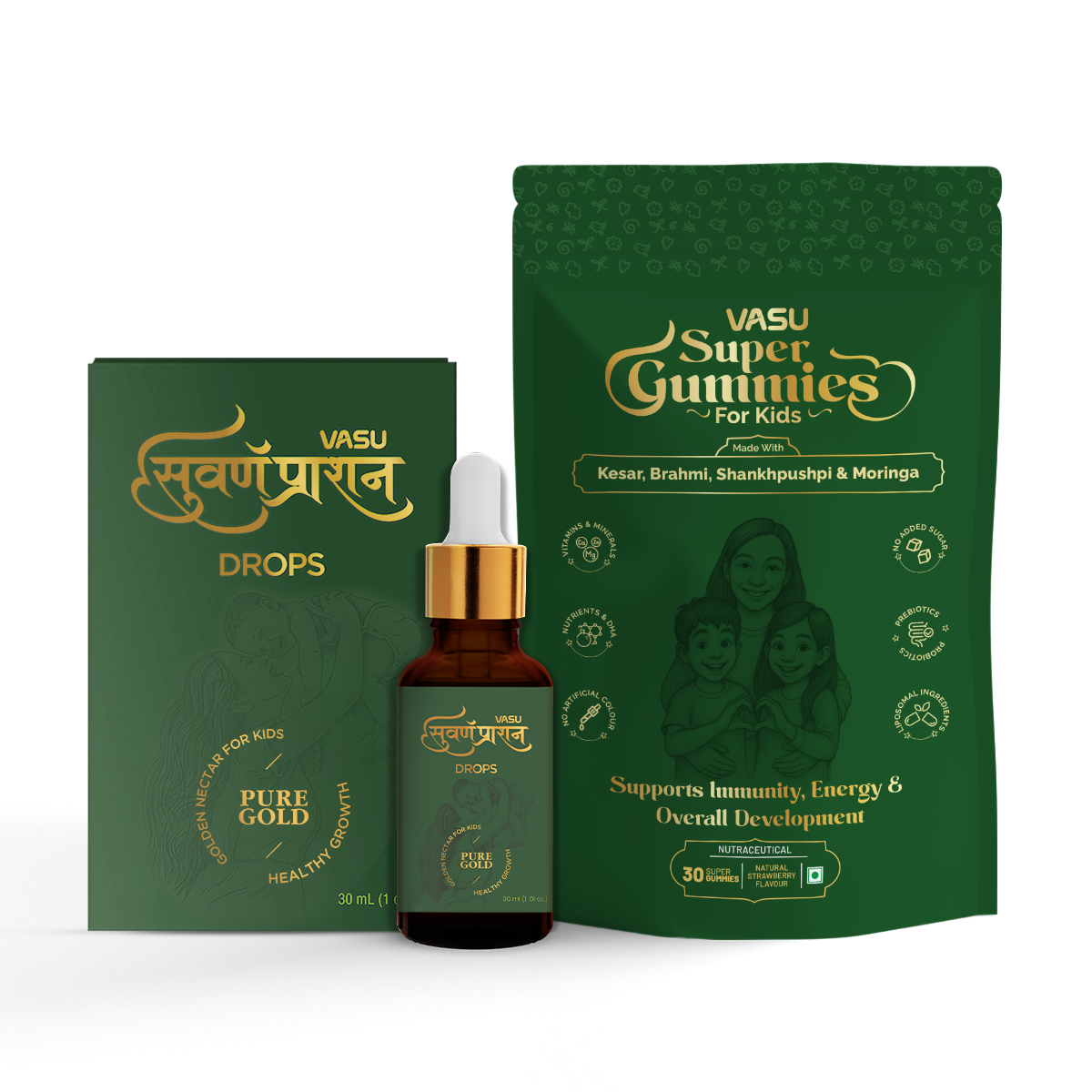 VASU Immunity Booster Pack for Kids – Swarnaprashan Drops with Pure Gold (30ml) & Super Gummies for Kids (30 Gummies) | Supports Immunity, Growth & Digestive Health