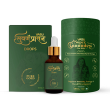 Load image into Gallery viewer, VASU Immunity Booster Pack for Kids – Swarnaprashan Drops with Pure Gold (30ml) &amp; Super Gummies for Kids (60 Gummies) | Supports Immunity, Growth &amp; Digestive Health
