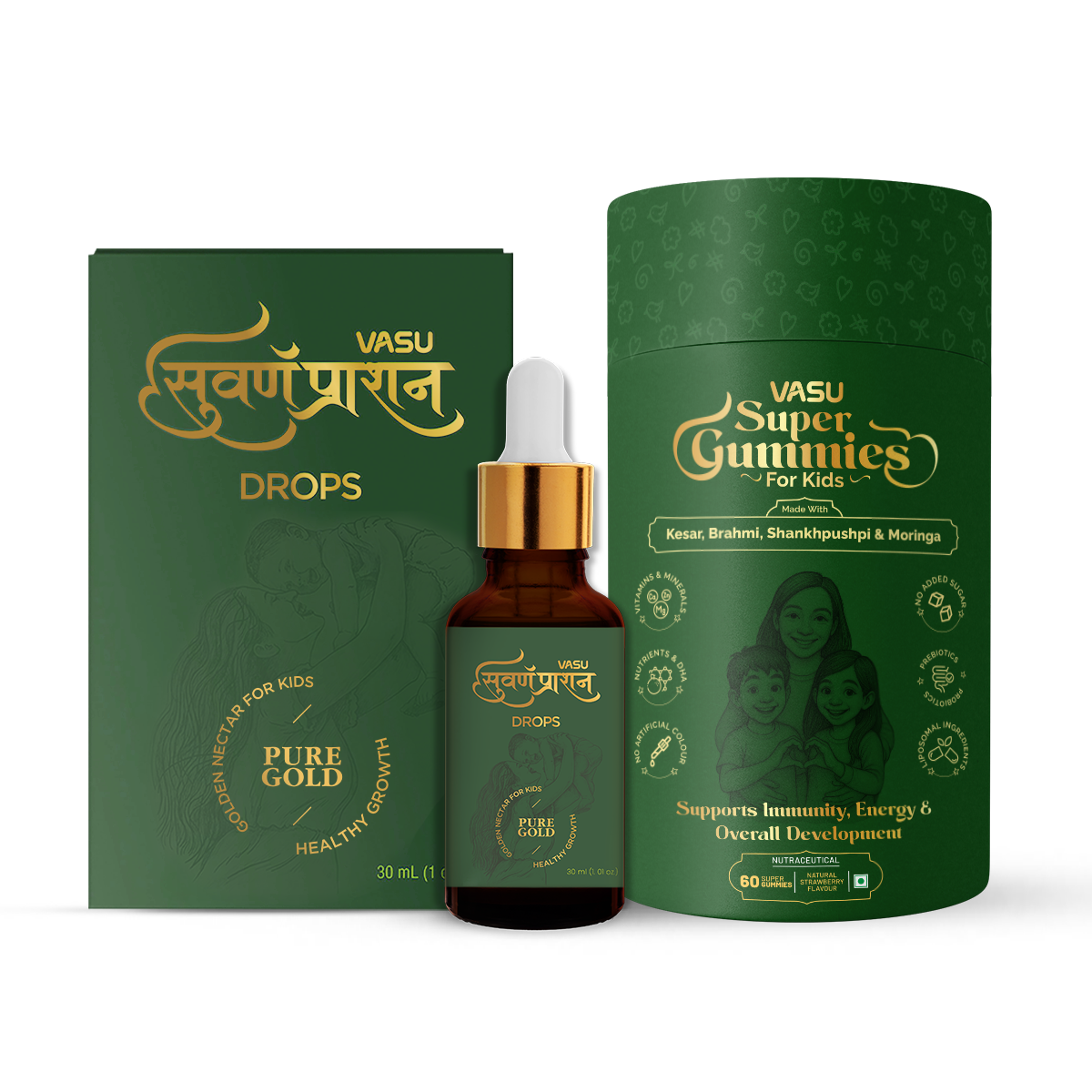 VASU Immunity Booster Pack for Kids – Swarnaprashan Drops with Pure Gold (30ml) & Super Gummies for Kids (60 Gummies) | Supports Immunity, Growth & Digestive Health