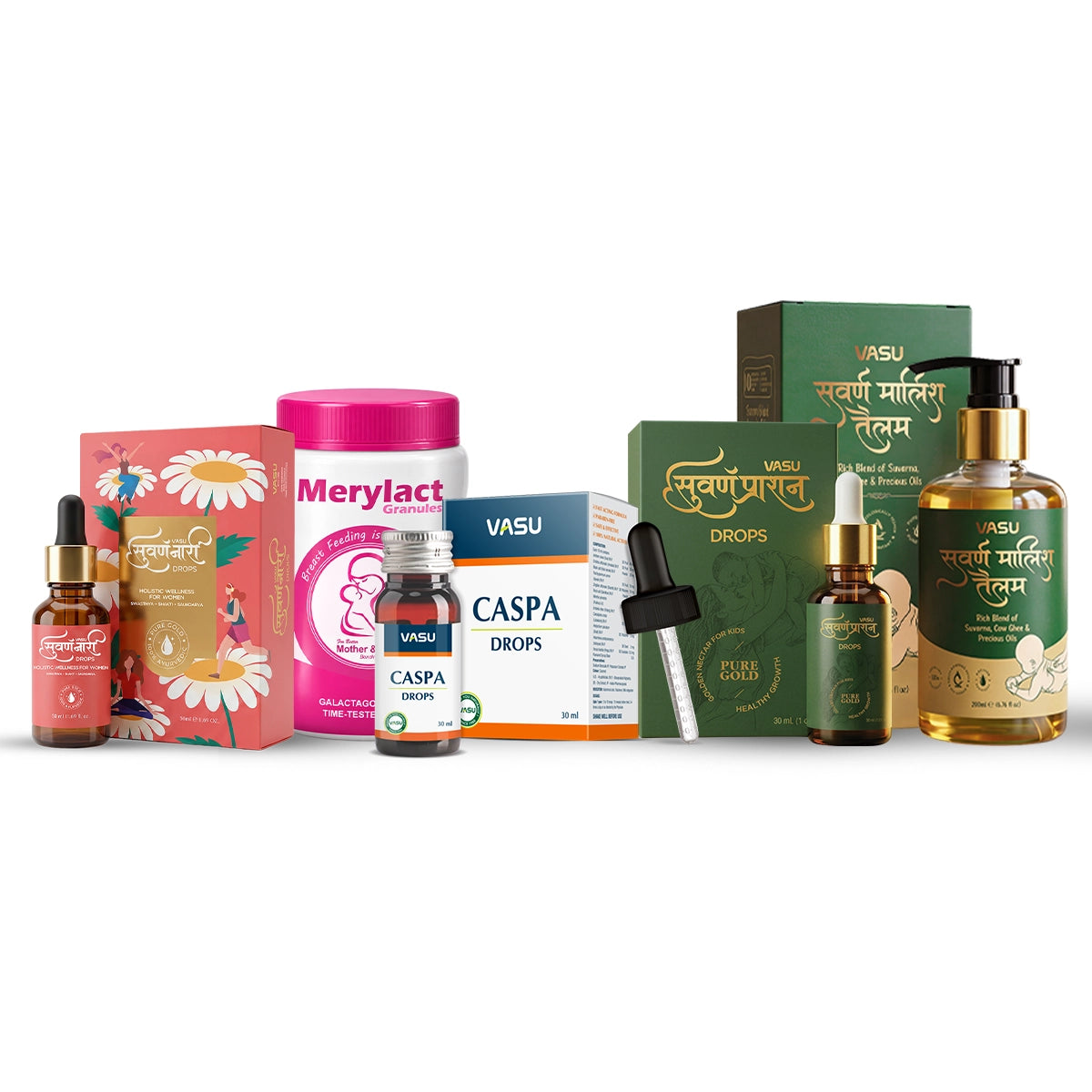 Vasu Swarnaprashan Drop (30ml) + Swarna Naari Drops (50ml) + Caspa Drops (30ml) + Merylact Granules (250g)