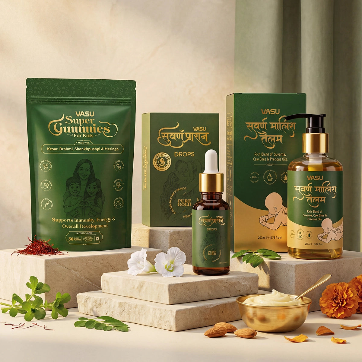 Vasu Swarna Malish Tailam Baby Massage Oil (200ml) & Swarnaprashan Drops (30ml) & Super Gummies (30 Gummies)