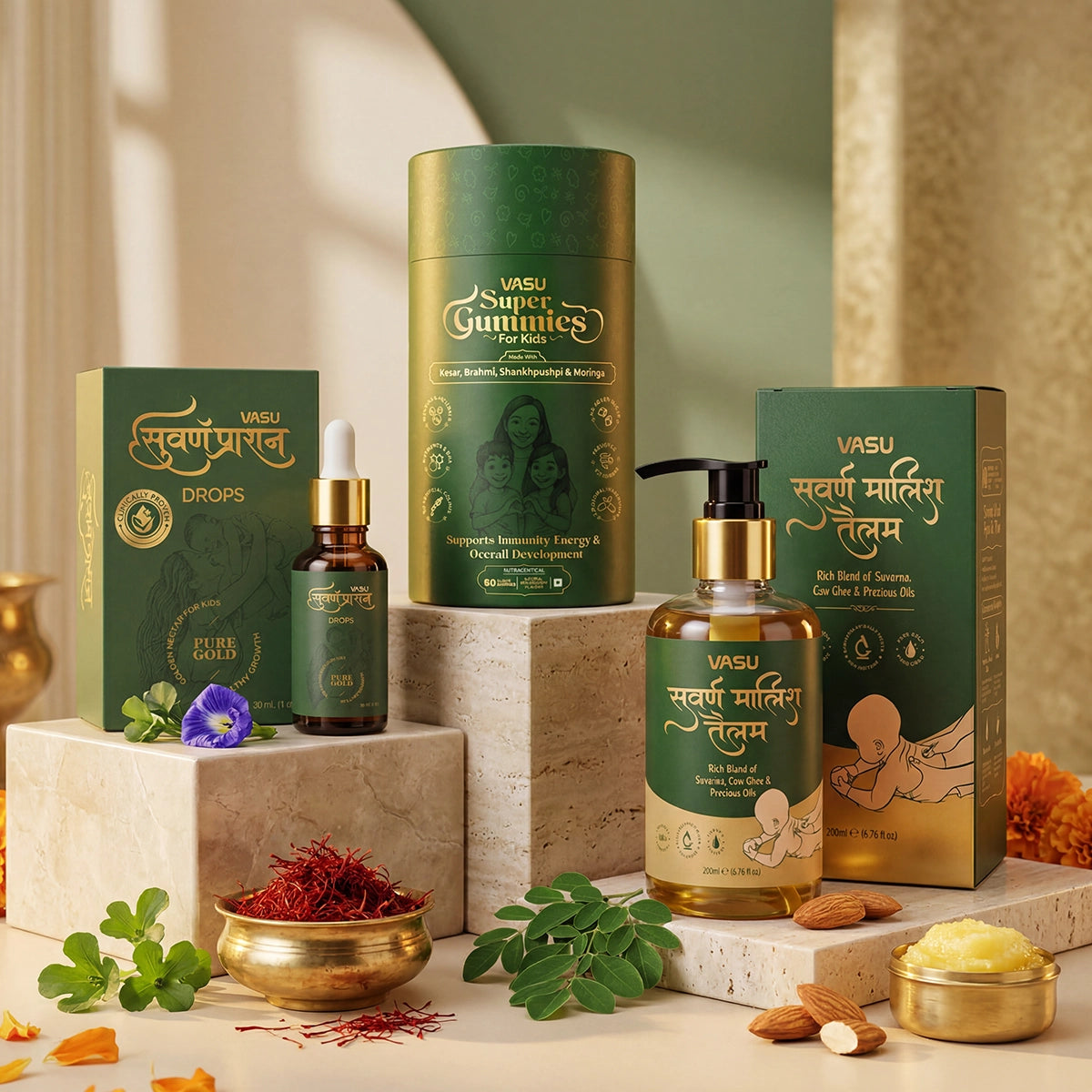Vasu Swarna Malish Tailam Baby Massage Oil (200ml) & Swarnaprashan Drops (30ml) & Super Gummies (60 Gummies)