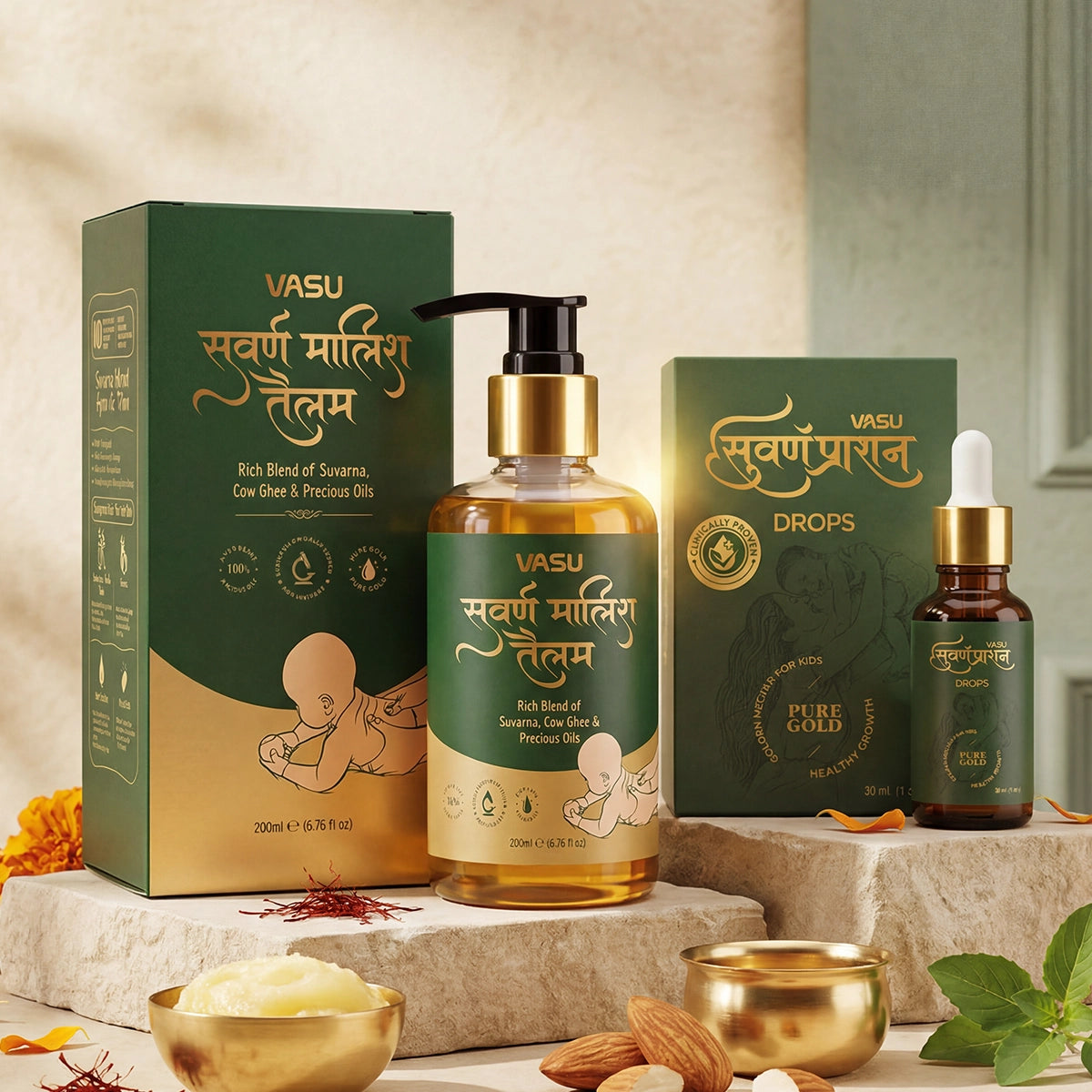 Vasu Baby Combo for Kids – Swarnaprashan Drops (30ml) & Swarna Malish Tailam Baby Massage Oil - 200ml