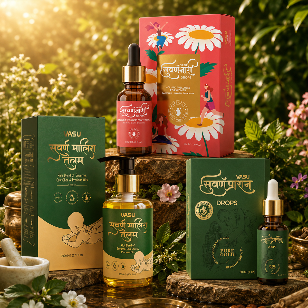 Vasu Swarna Naari Drops 50ml + Swarnaprashan Drops for Kids 30ml + Swarna Malish Ayurvedic Tailam 200ml Combo Pack