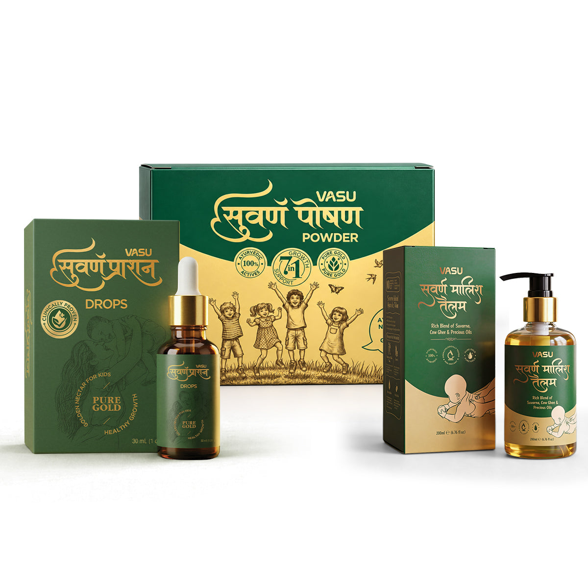 Vasu Baby Combo for Kids – Vasu Suvarna Poshan Powder (30 ×1 0g) Pack & Swarna Malish Tailam Baby Massage Oil - (200ml) &  Swarnaprashan Drops (30ml)