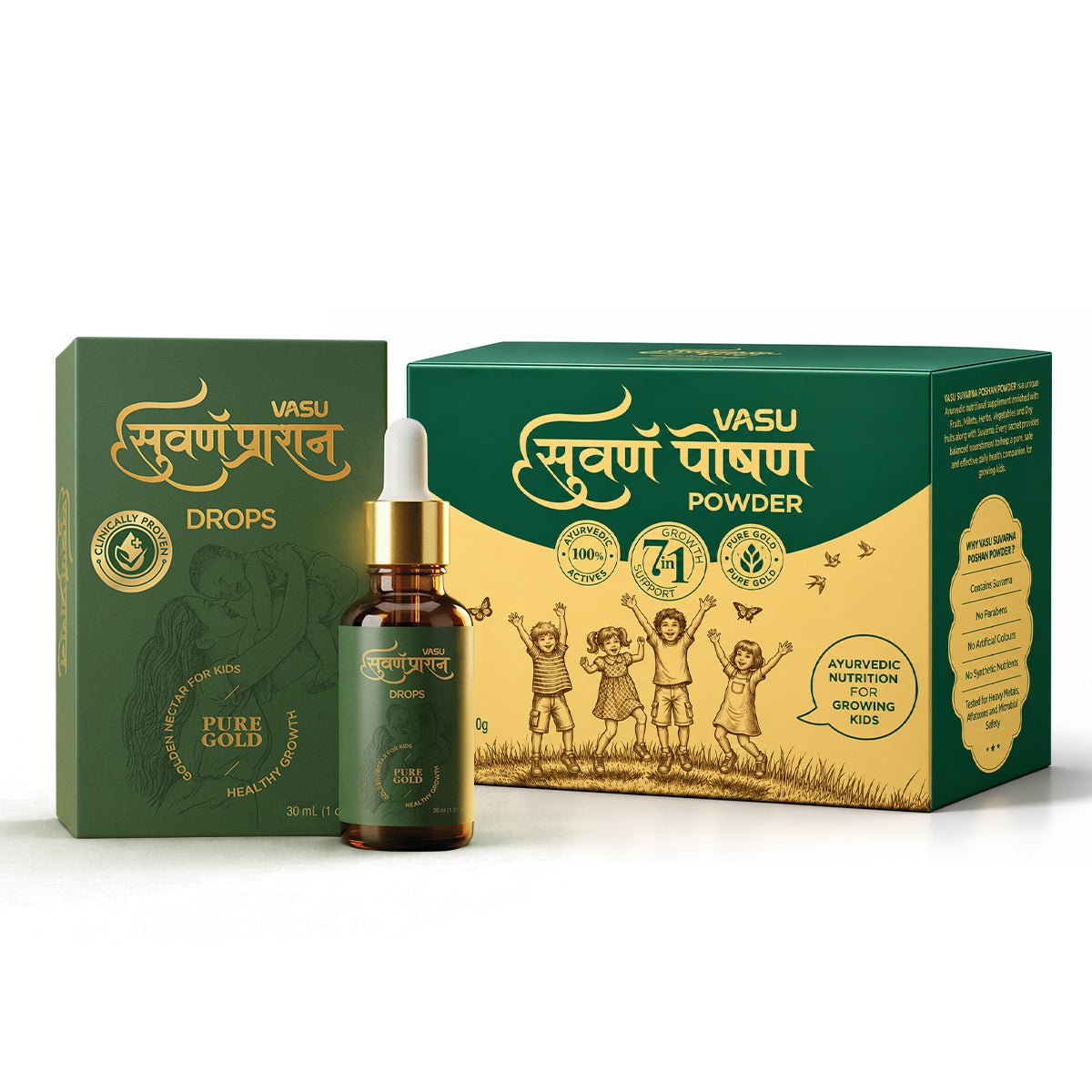 Vasu Baby Combo for Kids – Vasu Suvarna Poshan Powder (30 ×1 0g) Pack & Swarnaprashan Drops (30ml)