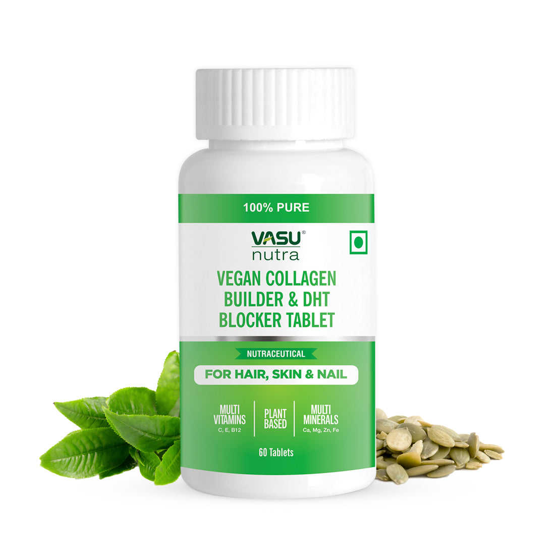 Vasu Nutra Vegan Collagen Builder & DHT Blocker Tablet - Nutraceutical Supplement for Hair, Skin & Nail - Multi Vitamins | Plant Based | Multi Minerals - 60 Tablets