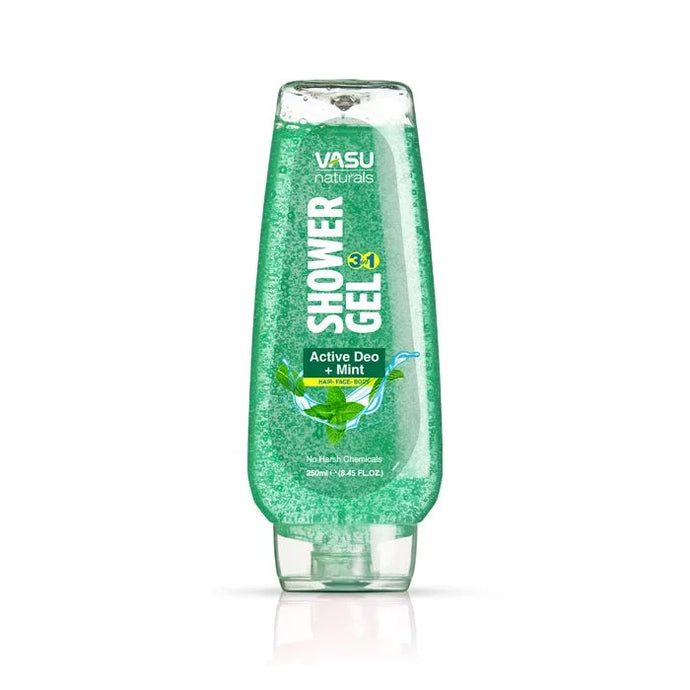 Vasu Naturals 3 in 1 Active Deo + Mint Shower Gel For Hair Face Body 250 ml - VasuStore