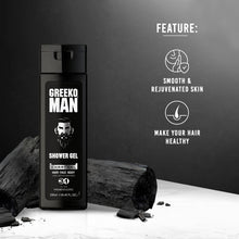 Load image into Gallery viewer, Greeko Man Charcoal Shower Gel, Beard Cream &amp; Face Wash - Enriched with Activated Charcoal, Aloe Vera, Shea Butter &amp; Olive Oil - Helps You to Achieve Glowing &amp; Flawless Skin with a Perfect Be - VasuStore
