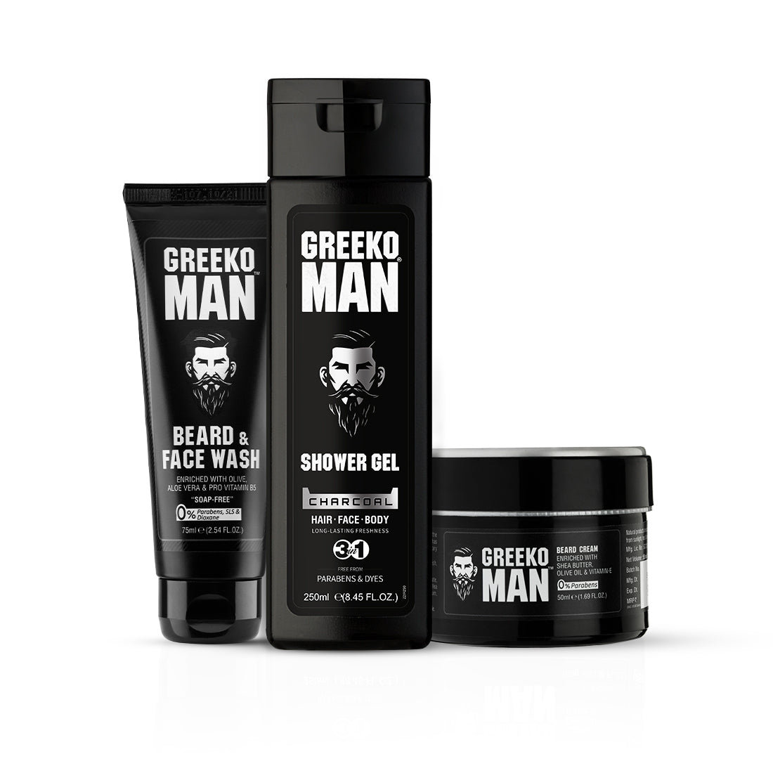 Greeko Man Charcoal Shower Gel, Beard Cream & Face Wash - Enriched with Activated Charcoal, Aloe Vera, Shea Butter & Olive Oil - Helps You to Achieve Glowing & Flawless Skin with a Perfect Be - VasuStore