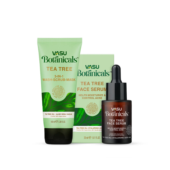 Vasu Botanicals Tea Tree Face Serum & 3 in 1 Face Mask-Scrub-Wash Kit For Acne & Pimple - Helps to fight against acne causing germs - VasuStore