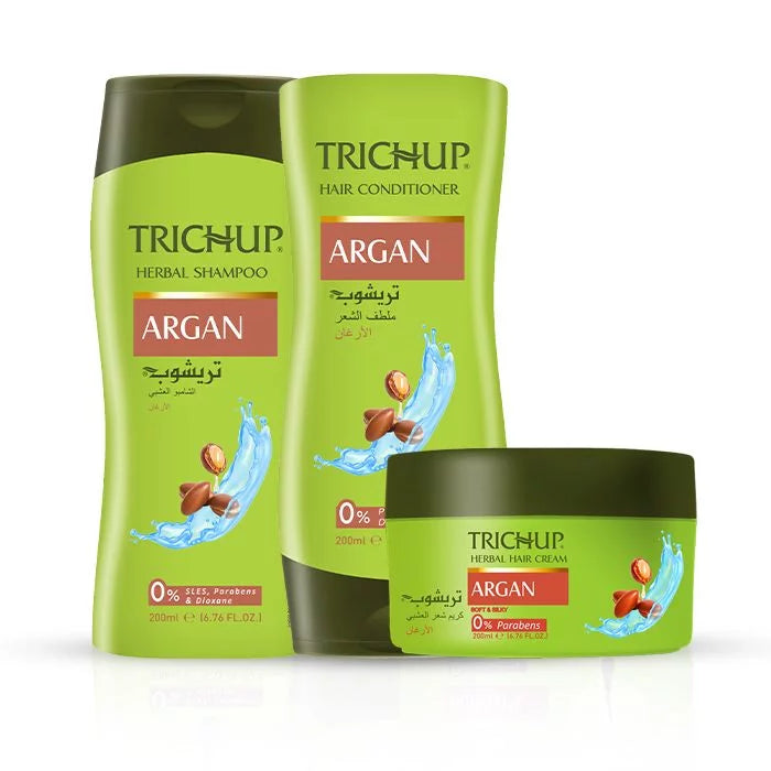Trichup Argan Shampoo, Conditioner & Cream - Enriched with Moroccan Argan Oil - Reduce Frizziness, Soften Rough & Dry Hair - Get Stylish Hair Throughout the Day - VasuStore