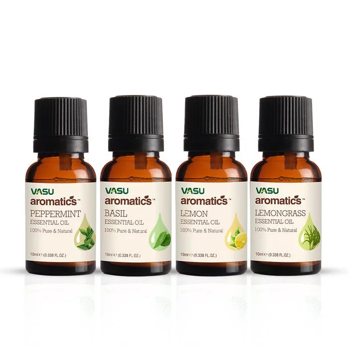 Vasu Aromatics Combo of Basil, Peppermint, Lemon, Lemongrass Essential Oil - 100% Pure & Natural - Air Freshener - For a Refreshing & Relaxing Bathing Experience - VasuStore