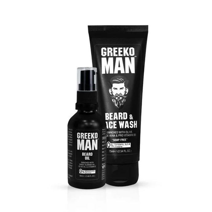 Greeko Man Beard Oil & Face wash - Enriched With Almond Oil, Aloe Vera & Vitamin E - Cleanses & hydrates skin & beard - Promotes Healthy & Natural Beard Growth - VasuStore