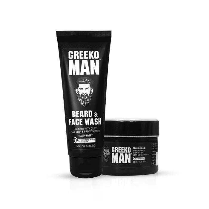 Greeko Man Beard Cream & Face wash - Enriched with Olive Oil & Aloe Vera - Cleanses, Hydrates & moisturizes your Skin & Beard with Masculine Fragrance - VasuStore
