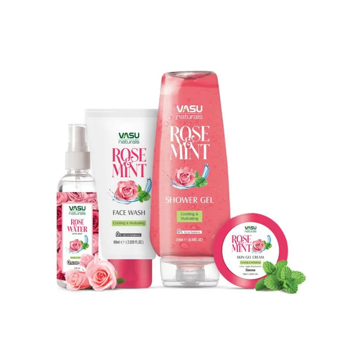 Vasu Naturals Rose & Mint Kit - Deeply Cleanses Your Skin to Remove Oil, Dirt & Pollutants - Ultra-Light Moisturizer that Instantly Soothes & Refreshes Skin - VasuStore