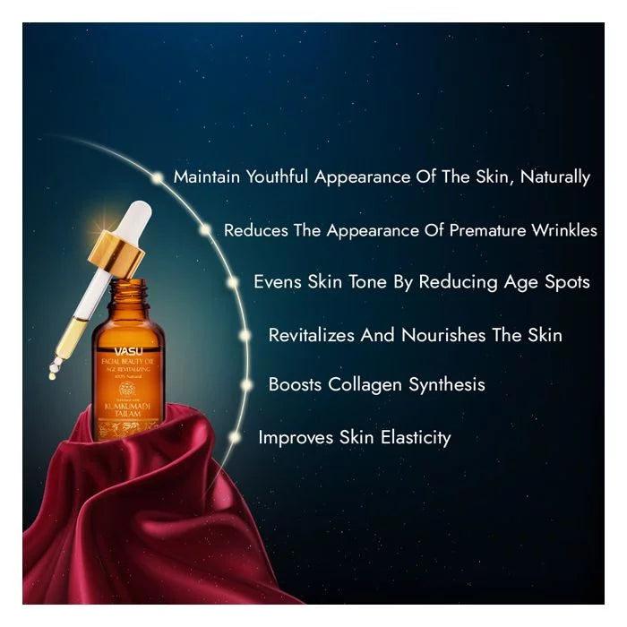Vasu Facial Beauty Oil with Aloe Vera Gel - Enriched with Kumkumadi Tailam and Aloe Vera - Age Revitalizing - Reduce Hyperpigmentation & Age Spots - Gives Natural Glow to Your Face - VasuStore