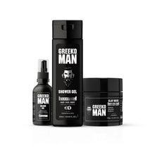 Load image into Gallery viewer, Greeko Man Beard Oil, Shower Gel &amp; Clay Mask kit - Enriched with Almond Oil, Olive Oil &amp; Charcoal - Promotes Healthy Beard Growth along with Glowing &amp; Flawless Skin - VasuStore
