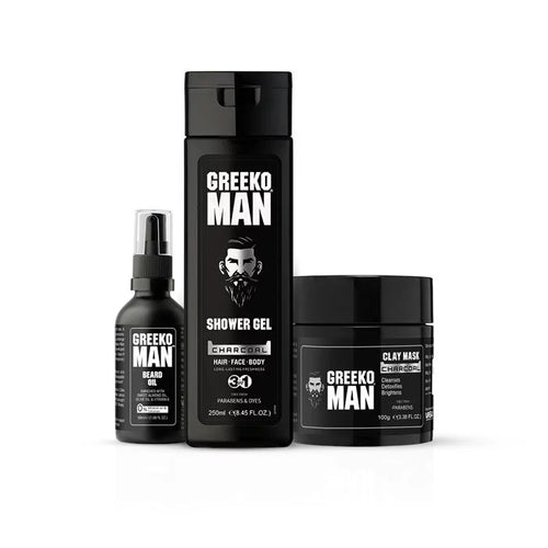 Greeko Man Beard Oil, Shower Gel & Clay Mask kit - Enriched with Almond Oil, Olive Oil & Charcoal - Promotes Healthy Beard Growth along with Glowing & Flawless Skin - VasuStore