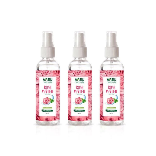 Vasu Naturals Rose Water - Enriched with Rose & Menthol - Natural Hydrator & Rejuvenator - Instantly Moisturize, Revitalize & Helps to Recover Tired Skin - Pack of 3 - VasuStore