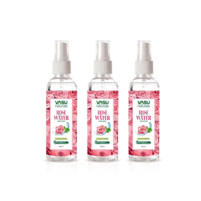 Vasu Naturals Rose Water - Enriched with Rose & Menthol - Natural Hydrator & Rejuvenator - Instantly Moisturize, Revitalize & Helps to Recover Tired Skin - Pack of 3 - VasuStore